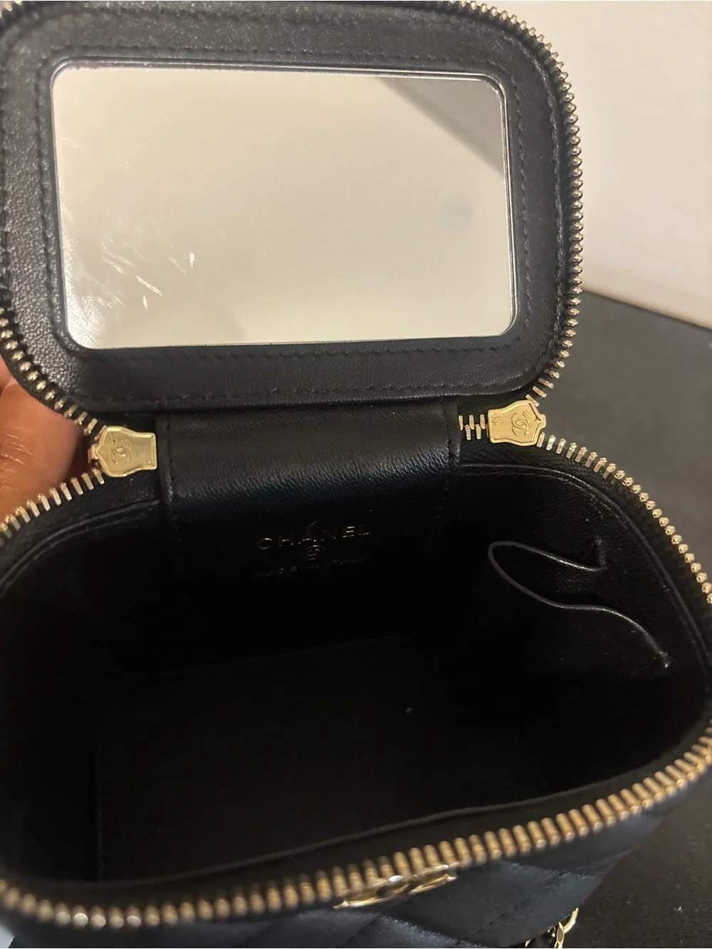 CHANEL Black Quilted Mini Vanity Crossbody with Gold Chain